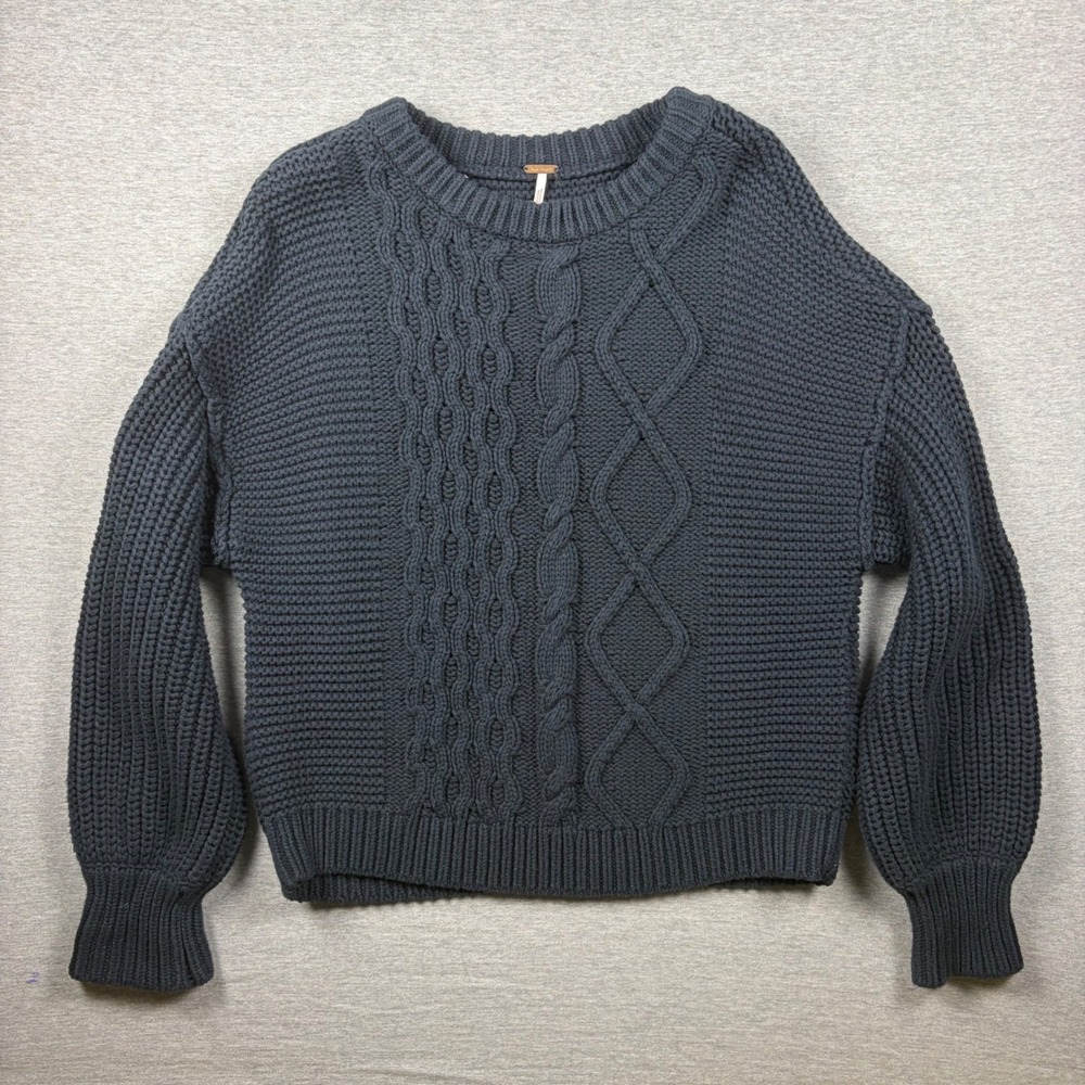 Free People Frankie Cable Knit Cotton Sweater Small Black Oversized Crewneck